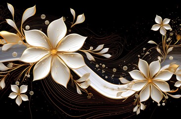 Abstract floral background with white flowers and gold elements. Vector illustration.