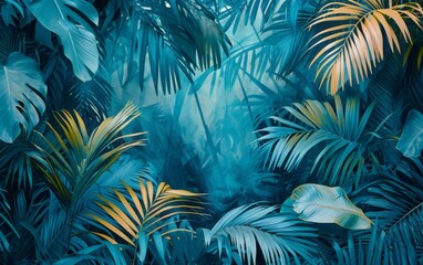 Tropical leaves, Plants, blue, green, space background, wallpaper