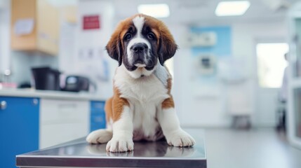 A photo of a cute St. Bernard puppy at a veterinary clinic - obrazy, fototapety, plakaty