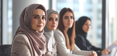  Portrait of arab businesswomen of different nationalities. Womens leadership, inclusion. Close-up - obrazy, fototapety, plakaty