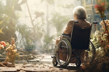 Fototapeta na wymiar An elderly woman sitting in a wheelchair in the garden, a sick senior woman