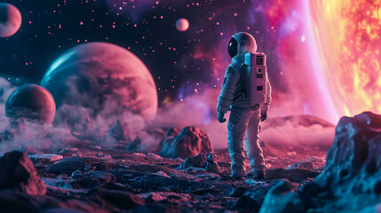 Astronaut Exploring an Alien Landscape - obrazy, fototapety, plakaty