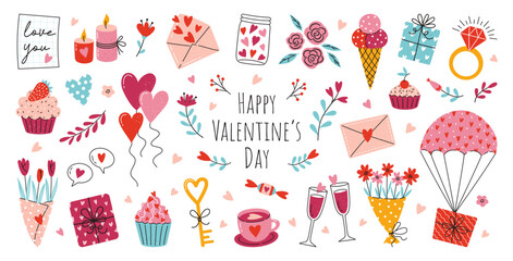 Valentine's day vector hand drawn elements set. Gift, heart, balloon, envelope, desserts, floral bouquets, candy and others other decorations. Cartoon style. Perfect for stickers and greeting cards.