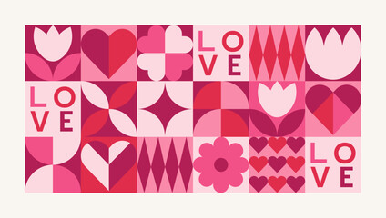 Geometric Valentine's day pattern with simple shapes. Romantic vector background. Love and hearts. Modern abstract design for print, banner, fabric, card, wrapping paper, cover.
