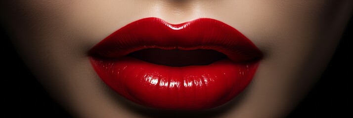 Women's lips close-up with sexy red lipstick, banner - obrazy, fototapety, plakaty