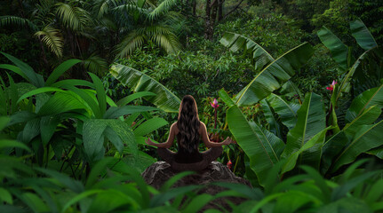 Woman in yoga position meditating in tropical jungle