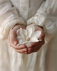 A close-up of a child's hands holding a delicate white flower, symbolizing purity and innocence. Soft, natural light enhances the ethereal atmosphere