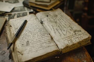A close-up of a detective's worn notebook with scribbled notes and sketches, telling the story of the investigation. Muted earthy tones and documentary-style framing