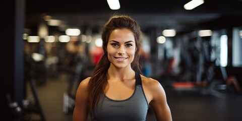 Fototapeta premium Fit sporty woman girl female athlete at gym background in good shape and sport outfit. Portrait face with