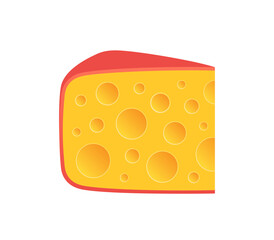 Piece of cheese with large holes and a red crust. Vector flat illustration.