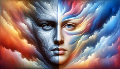 This compelling artwork captures the duality of the human psyche through a face split into monochrome and colorful halves, symbolizing the range of human emotions