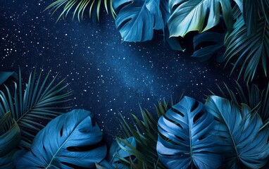Tropical leaves, blue, green, background