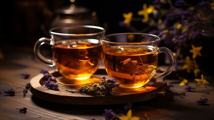 A wooden cutting board is used to hold a glass cup of hot tea and dried flowers - obrazy, fototapety, plakaty