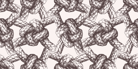 Seamless vector pattern of drawn rigging rope tied in sea knots, background for wallpaper,paper
