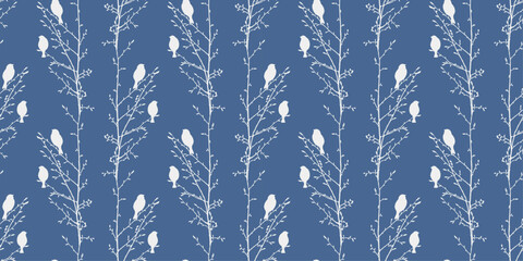Seamless vector pattern of silhouettes sparrows birds sitting on tree branches in spring, background for wallpaper, paper,textile - 708068543