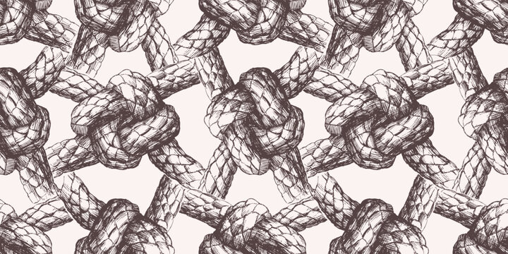Seamless vector pattern of drawn rigging rope tied in sea knots, background for wallpaper,paper