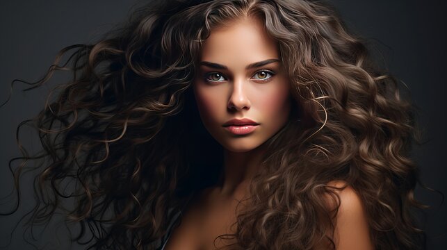 In a studio shot, there is a beautiful woman with long hair, shining curls, and a gray background.