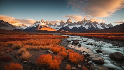 A photograph capturing Mount Fitz Roy in Argentina during a late autumn to winter sunset would likely present a breathtaking sight. The mountain, known for its jagged and imposing peaks. - 708068943