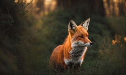 Beautiful close-up portrait of a fox in the forest at sunset in the grass. - 708068946