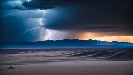 The photograph captures the stark beauty of a nocturnal desert, illuminated solely by the dramatic flashes of lightning that cut through the night sky. - 708069104
