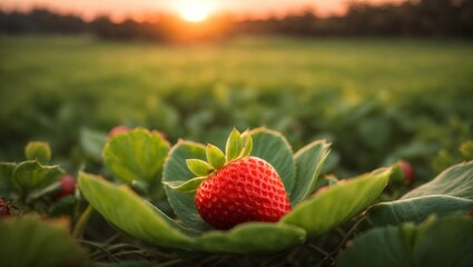 The photograph depicts a close-up of a succulent strawberry nestled within the lush grass, set against the backdrop of a picturesque sunset. - 708069120