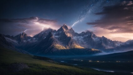 The photograph captures the summertime beauty of a mountain landscape beneath a starlit sky, illuminated by the mesmerizing flashes of lightning. - 708069130