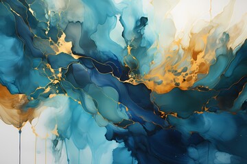 A hypnotic blend of teal and gold liquids, rippling and intermingling to produce a captivating abstract visual symphony