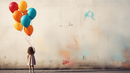 Little girl with bunch of colorful balloons on the background of blue wall