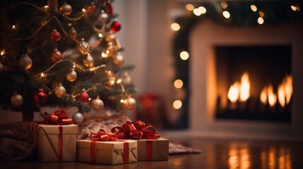 Fototapeta na wymiar christmas gift box , bokeh background, fire place, christmas tree