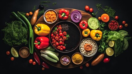 The view above shows chopped and whole fresh vegetables in bowls on a cutting board while spices are placed on a white towel on a black surface. - Powered by Adobe