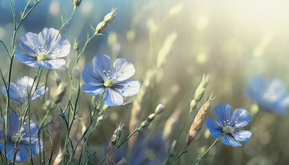 Niebieskie kwiaty lnu na polanie - obrazy, fototapety, plakaty