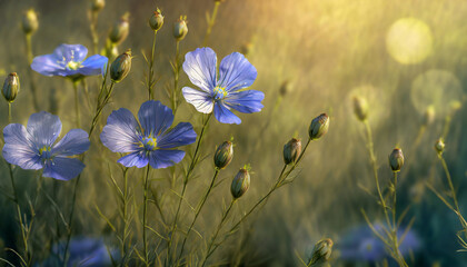 Niebieskie kwiaty lnu na polanie - obrazy, fototapety, plakaty