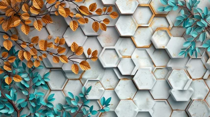 Stickers pour porte Crâne aquarelle 3D mural with white lattice tiles, wooden oak background, tree with turquoise, blue, brown leaves, chamfered hexagons in scratched gold metal, simple floral background. High-quality texture.
