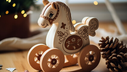 Wooden rocking horse brings joy and winter cheer generated by AI