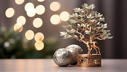 Shiny gold ornament on table, celebrating Christmas generated by AI