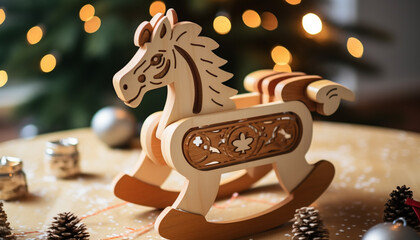 Wooden rocking horse brings joy to winter celebration generated by AI