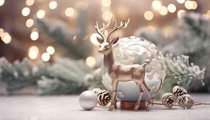 Winter celebration, deer gift, snow tree, illuminated decor generated by AI