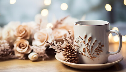 Wooden table, coffee cup, winter background, hot drink generated by AI