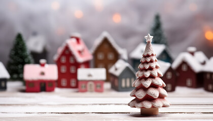 Snowy winter night, Christmas tree, homemade gingerbread house generated by AI