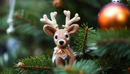 Cute deer toy hangs on Christmas tree generated by AI