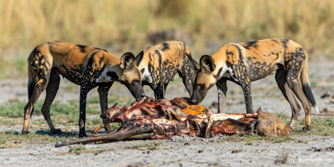 Naklejka na ściany i meble African Wild Dogs Devouring a Meal - The Raw Nature of Predators in the Wild