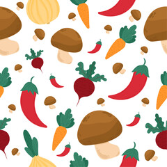 Seamless vegetables pattern on white isolated background. Colorful and delicious vegetables - carrots, mushrooms, beets, hot peppers. For kitchen textiles, wallpaper, packaging paper.