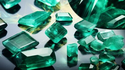 A collage of gemstones that look like emeralds