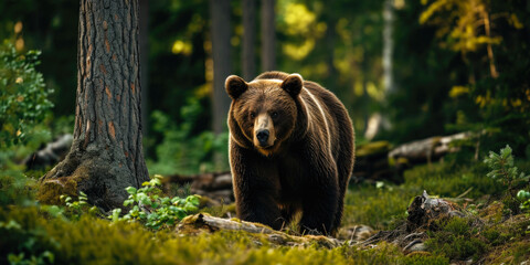 Intimidating Grizzly Bear Staring on a Lush Forest Path