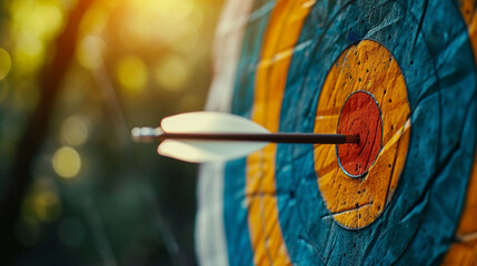 Target and arrow for crossbow, and outdoor sports shooting. - obrazy, fototapety, plakaty