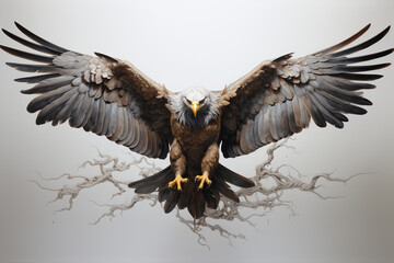 Obraz premium A fierce and focused eagle soaring on paper, its wings spread wide with intricate feather details, showcasing the power and precision of this bird of prey.