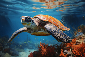 A serene sea turtle swimming gracefully, its intricate shell and flippers portrayed with careful attention to detail, evoking a sense of calm on paper.