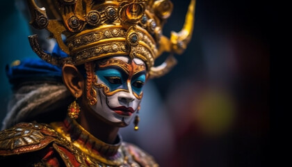 Traditional festival celebrates indigenous culture with majestic gold colored sculptures generated by AI - obrazy, fototapety, plakaty