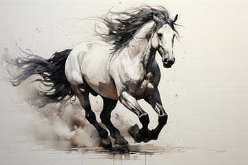 Obraz premium A majestic horse in mid-gallop, its flowing mane and powerful legs captured with dynamic black and white linework, evoking a sense of freedom and strength.