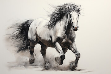 A majestic horse in mid-gallop, its flowing mane and powerful legs captured with dynamic black and white linework, evoking a sense of freedom and strength.